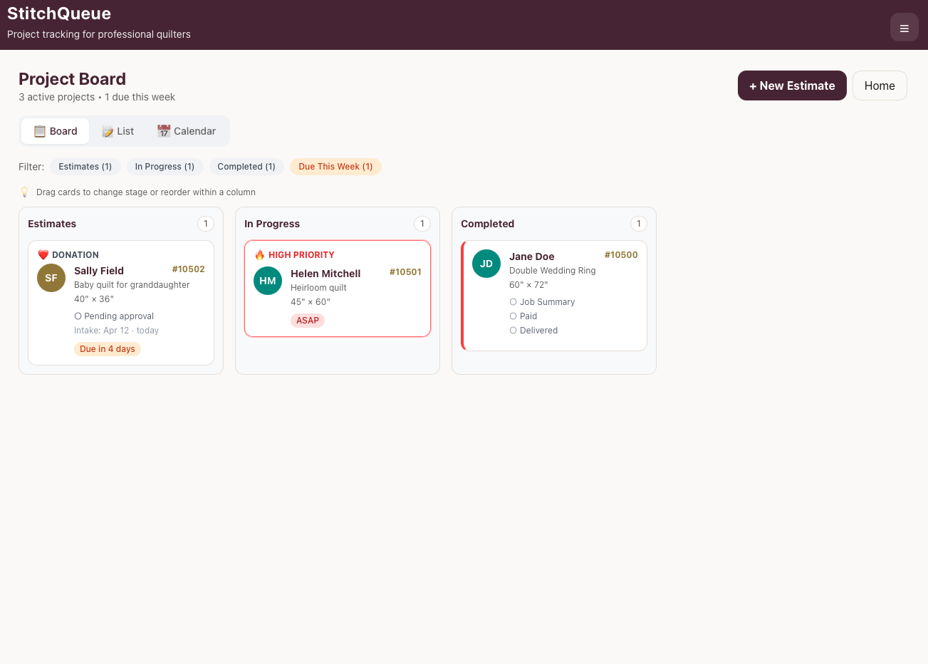 StitchQueue Kanban board showing projects in Estimates, In Progress, and Completed stages